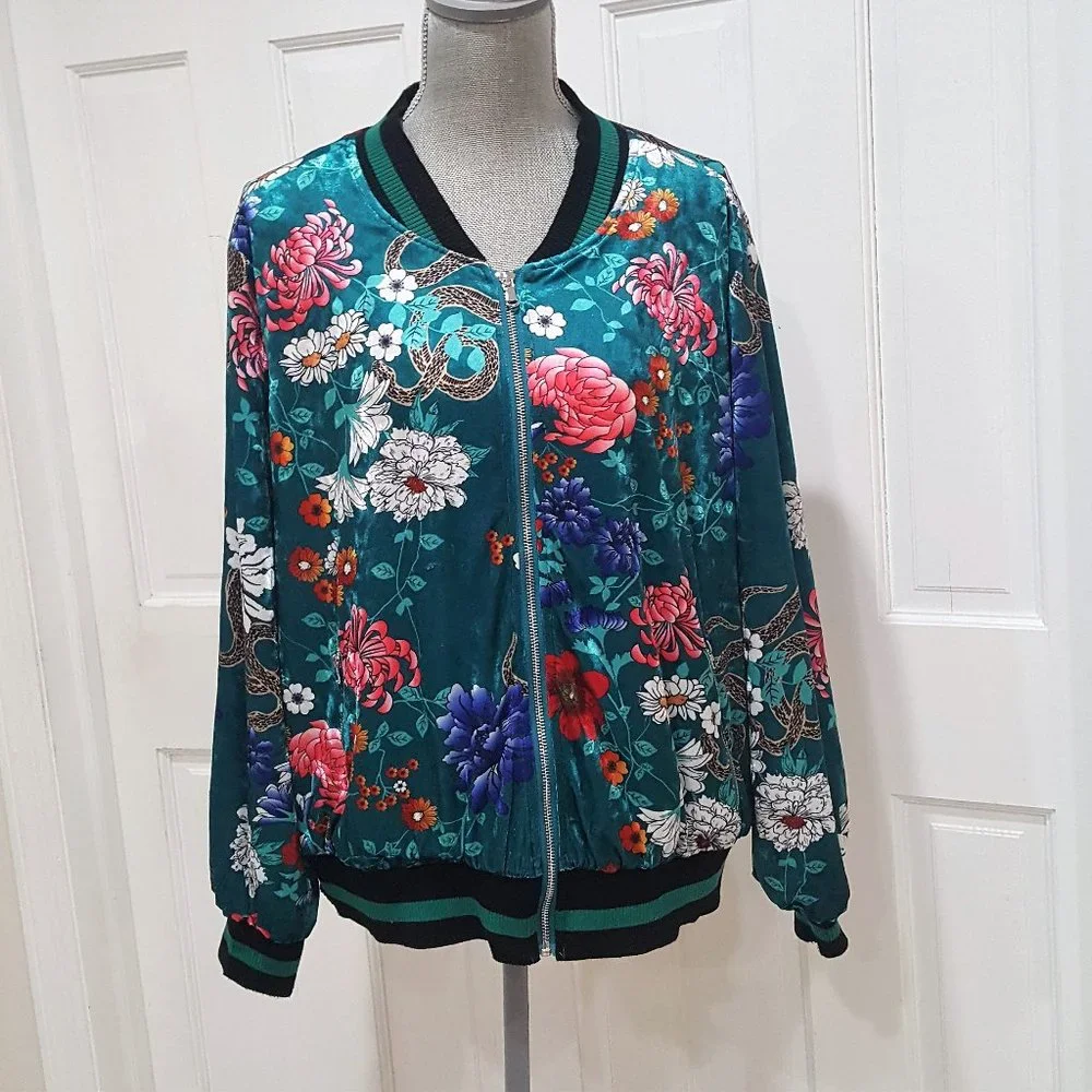 Colleen Lopez Floral Bomber Jacket - Teal and Multicolor - Picture 1 of 4